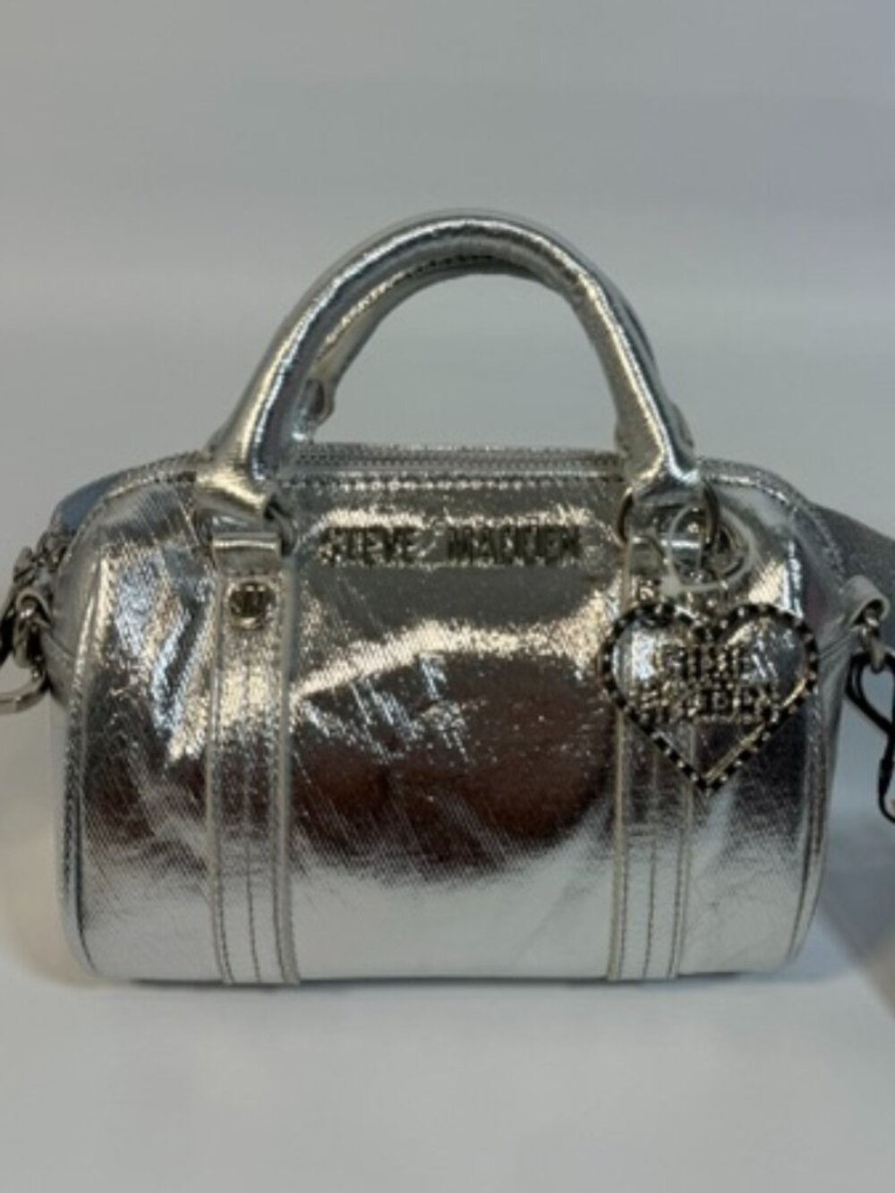 NWT Steve Madden Metallic Silver Heart Charm Shoulder Strap Handles
